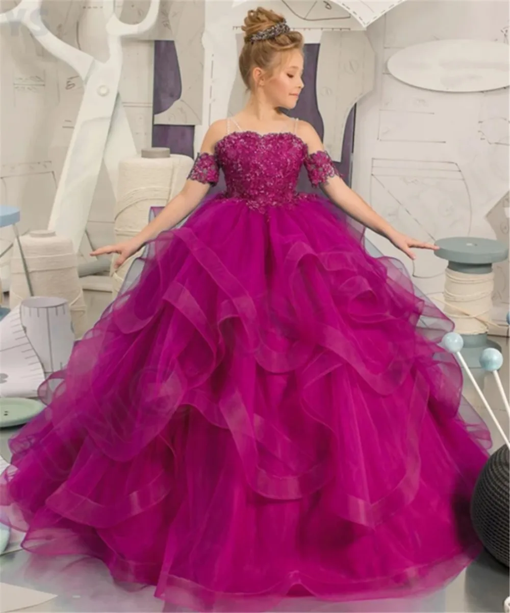 

Long Appliques Flower Girl Dress Ball Gown Tulle Off Shoulder Birthday Wedding Party Dresses Evening Dress First Communion Gown