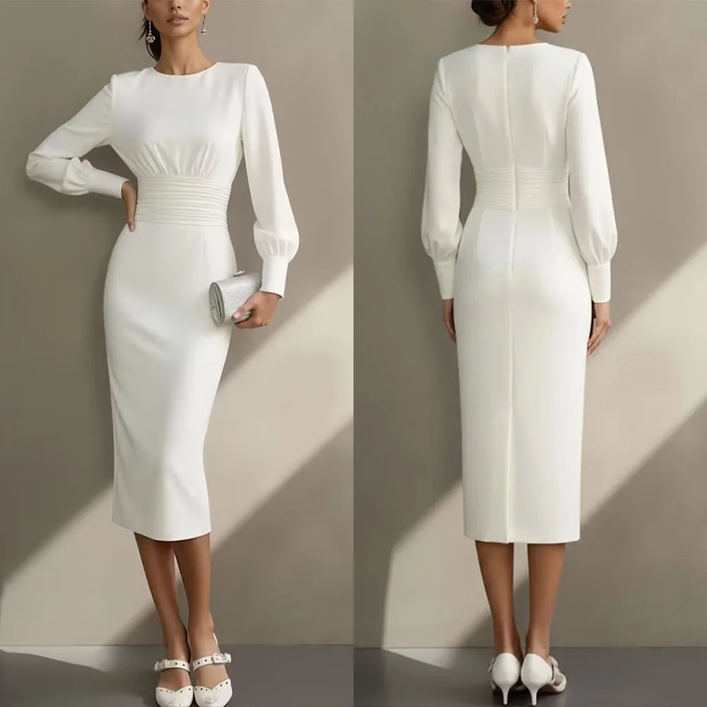 

High Quality Customized O-neck Knee Length White Full Sleeves Straight Vestidos Elegantes Para Mujer Платье Корейский Стиль