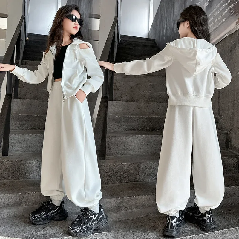2026 autumn spring teenager kids girl Children set Clothes crop top Hooded + wide leg loose pants 4 6 7 8 9 10 11 12 14 15 Year