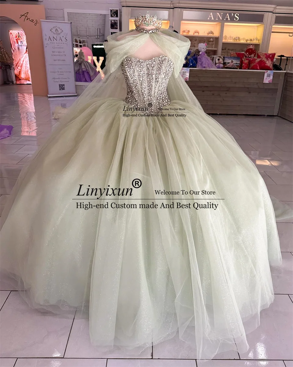 Gaun manik-manik hijau Quinceanera berkilau gaun pesta 2024 Meksiko manis 16 gaun korset pesta bermanik berlian imitasi kristal gaun Vestido