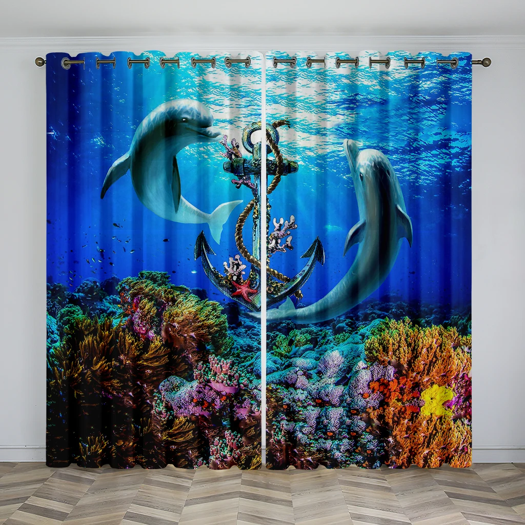 

Nautical-style dolphin-themed curtains, a set of two panels, featuring underwater scenery with dolphins and small marine animals