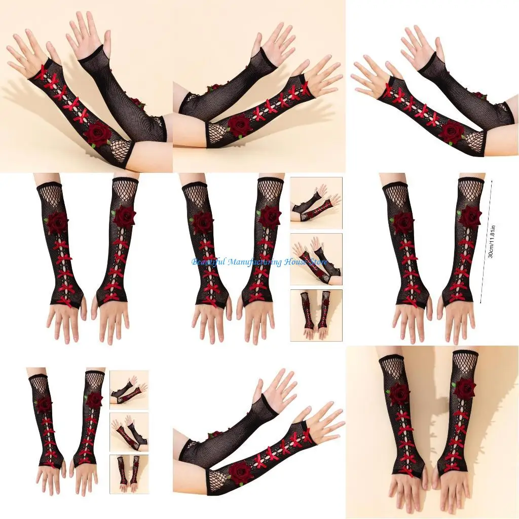 E56A Fingerless Bowknot Gloves for Women Party Arm Sleeves Halloween Theme Gloves for Festival Rocker Punk Handwear