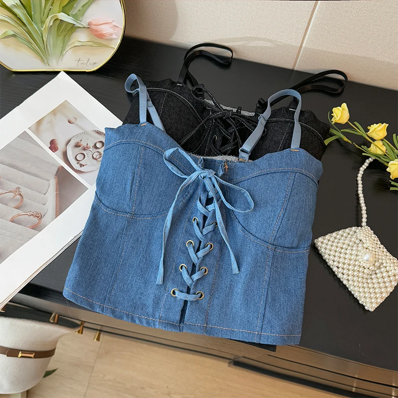 Spicy Girls Bow Tie Denim Camisole Vest 2025 New Summer Women's Short Chic High Street Bottom Outdoor Wear Vacation Casual Top