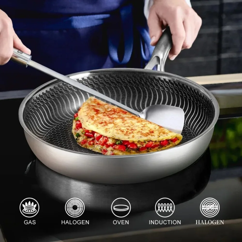 Pans Stainless Steel Frying Pan with Lid 8.6/11inch Anti-scald Handle Honeycomb Nonstick Coated Gourmet Cooking Pot Wok Pans