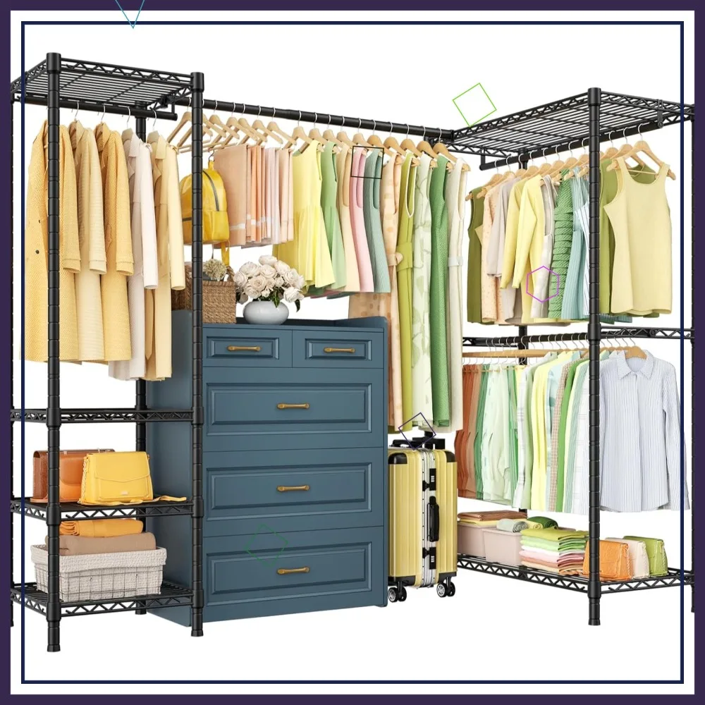 Heavy Duty L-Shaped Corner Clothes Rack with Expandable Rod, 900LBS Capacity, Black Portable Garment Rack