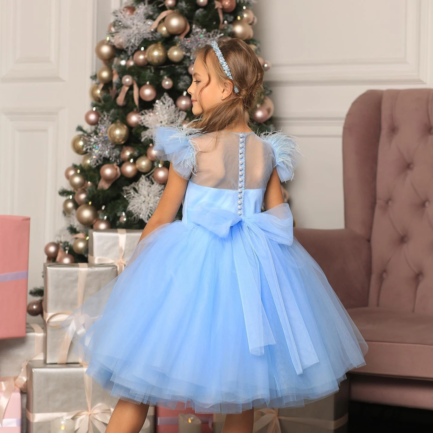 2024 Light Blue Flower Girl Dress For Wedding Tulle With Big Bow Puffy Knee Length Princess Kids First Communion Gown