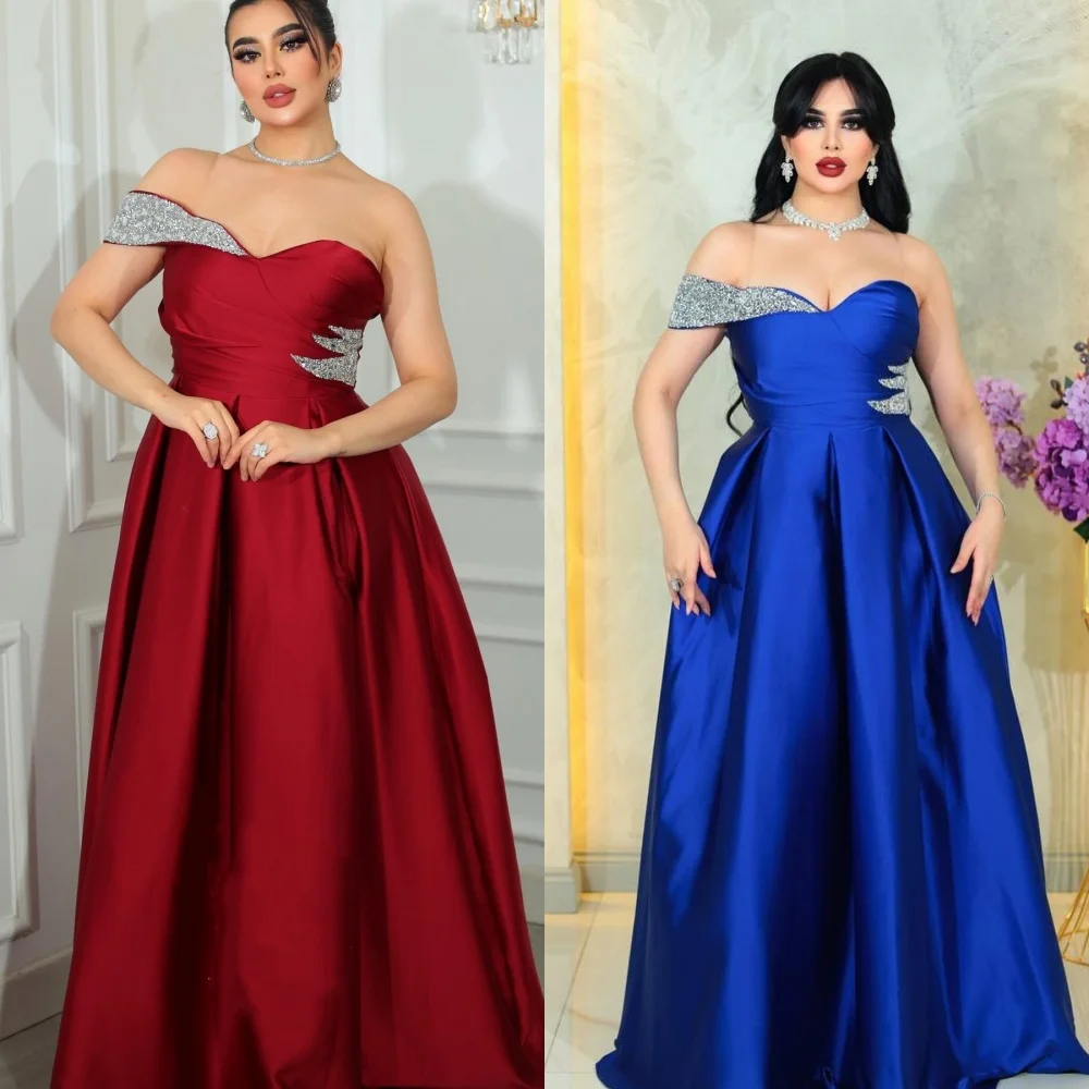 Vestido de noche personalizado de satén drapeado con lentejuelas plisado para quinceañeras, corte en A, hombros descubiertos, vestido para ocasión a medida, vestidos largos