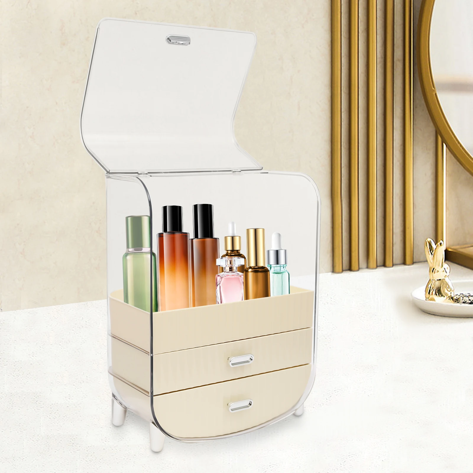 

White Makeup Organizer Freestanding Cosmetics Skincare Organizers with Lid and 2 Drawers for Dressing Table Bedroom Bathroom