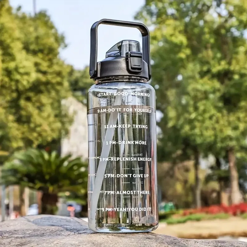2L Large Capacity Sports Water Bottle With Straw and Time Marker Portable Water Cups for Outdoor Travel Fitness Drinkware