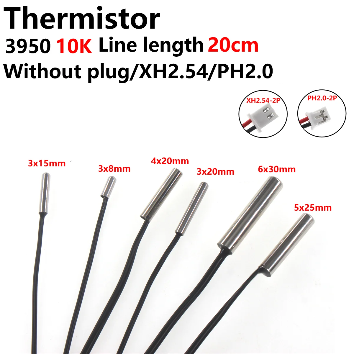 5pcs NTC thermistor 10K 3950, wire length 20cm, 3*8MM, 3*15MM, 3*20MM, 4*20MM, 5*25MM, 6x30mm, negative temperature sensor