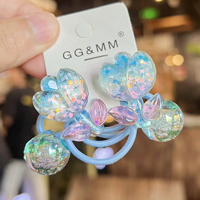 2PCS Gradient Colored Flower Bubble Beads Girls Elastic Hair Bands Princess Hair Accessories Children Hair Ties Baby Headwear