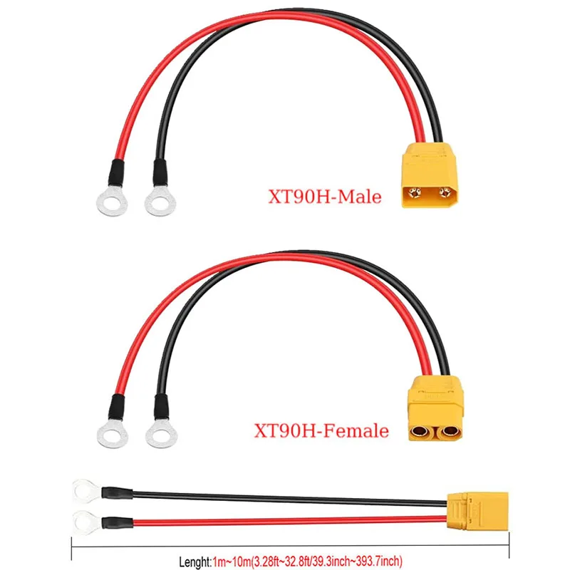 1pc XT90 Connector to O-ring Terminal Cable XT90 Male/Female to O-ring Connection Cable (with 10 AWG Silicone Wire) 1m~10m