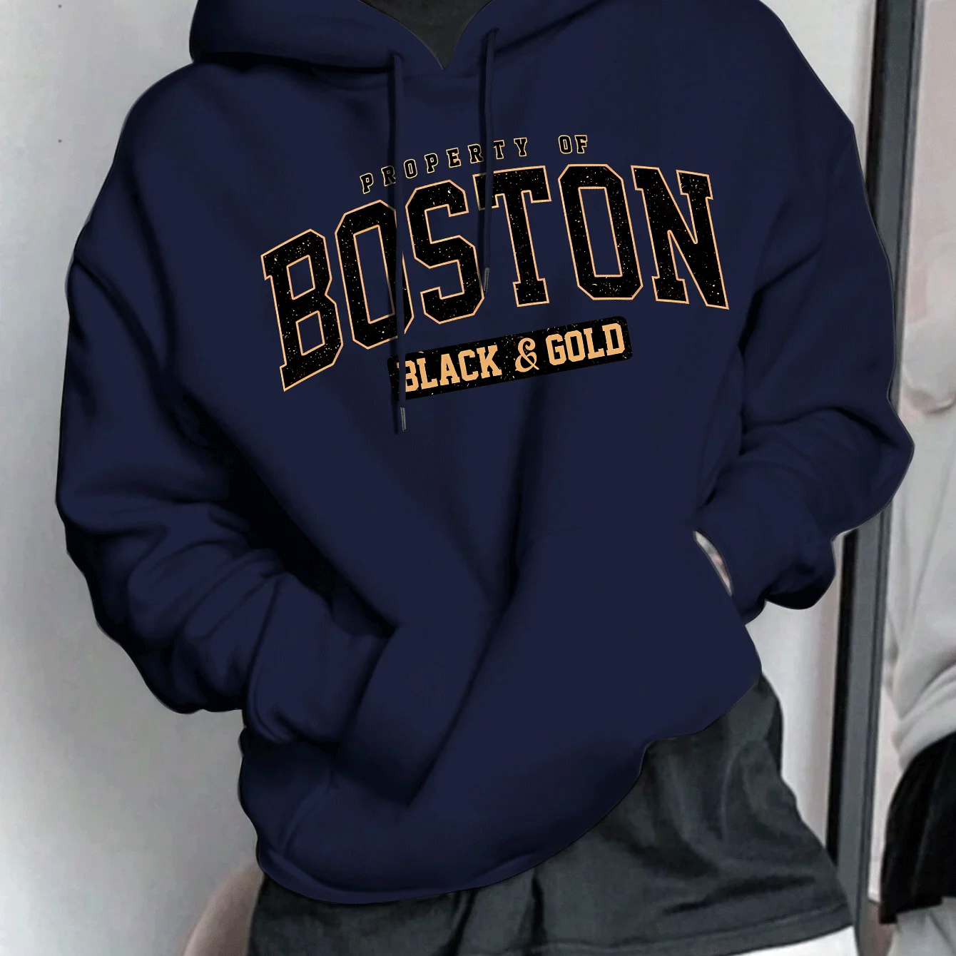 Men's Spring-Autumn Casual Warmth-Relaxing Loose Fashion Boston Letter Patterned Printed Long-Sleeved Round-Neck Hooded Shirt
