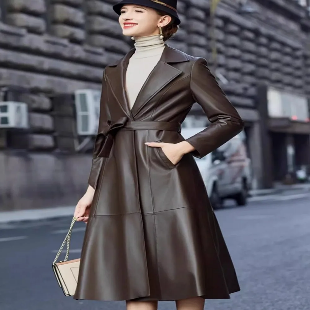 Office Elegant Ladies Winter Long Genuine Leather Down Jacket Fox Collar Belted Slim Fit Women Trench Coat Sheepskin Windbreaker