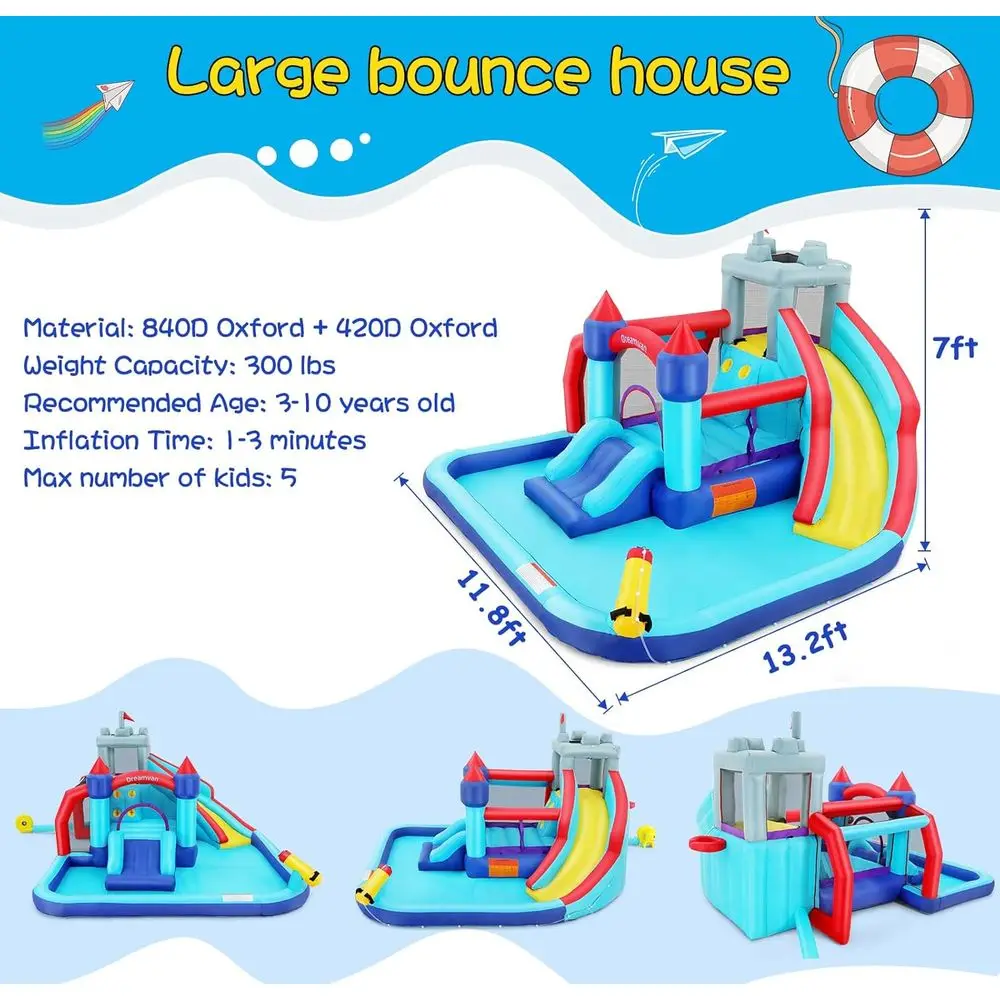 منزلق مائي للأطفال من باونس هاوس، 10 في 1، حديقة مائية كبيرة قابلة للاستخدام في حديقة مائية مع منفاخ رش طويل منزلق لحمام السباحة