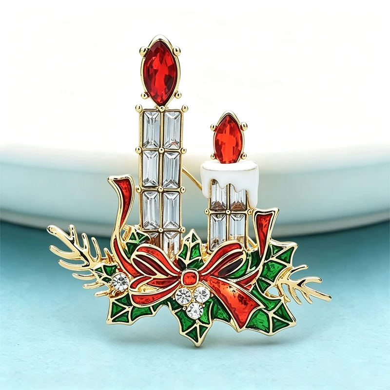 Wuli&baby Charming Candles Brooches For Women Rhinestone Enamel Light New Year Christmas Brooch Pins Gifts