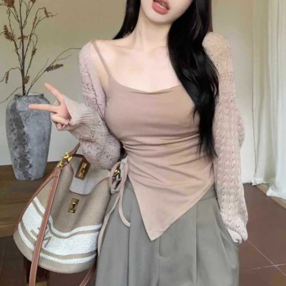 Trendy Solid Color Summer Lace Up Top with Chest Pads Irregular Split Vest Sexy Elastic Top