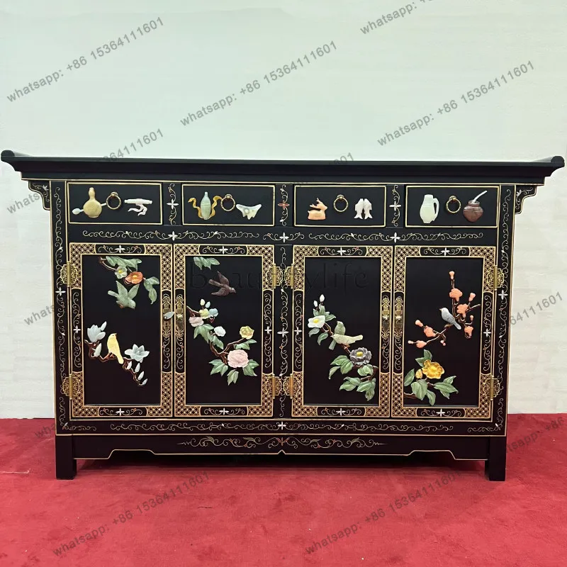 New Chinese bone stone four-door four-drawer simple entrance storage solid wood sideboard