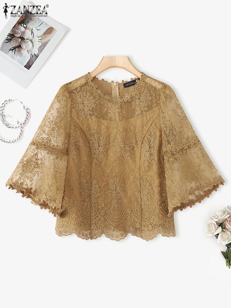 

ZANZEA Fashion Patchwork Shirts Elegant OL Lace Blouse Women Flare Sleeve 2025 Autumn Office Lady Tops Tunic See-through Blusas