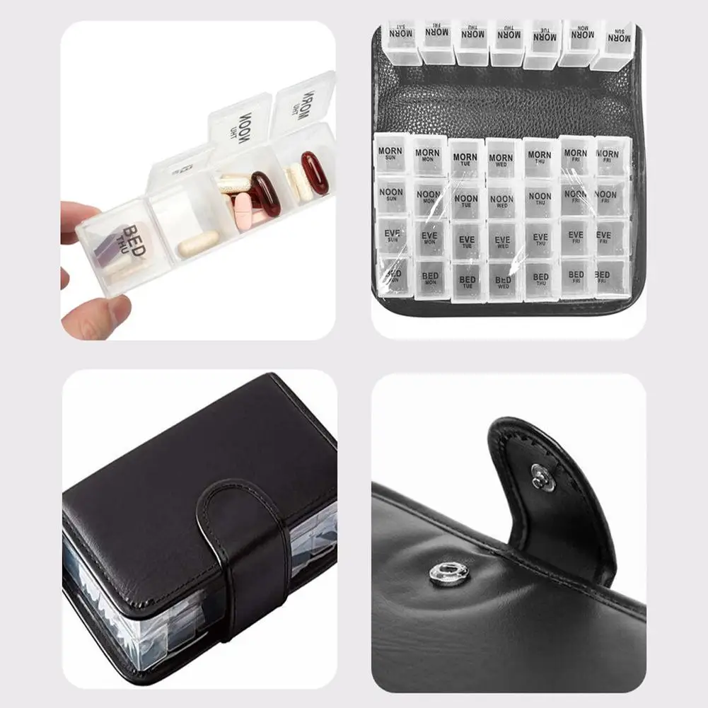 Weekly Pill Organizer Leather Bag 14-Day Medicine Box 56 Grid Laptop Convenient two Week Plastic Medicine Box