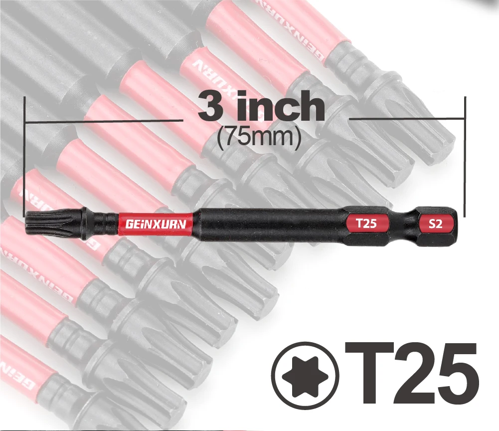 Geinxurn 3 Inches #25 Torx Impact Screwdriver Bit,S2 Alloy Steel Magnetic T25 Driver Bit Set