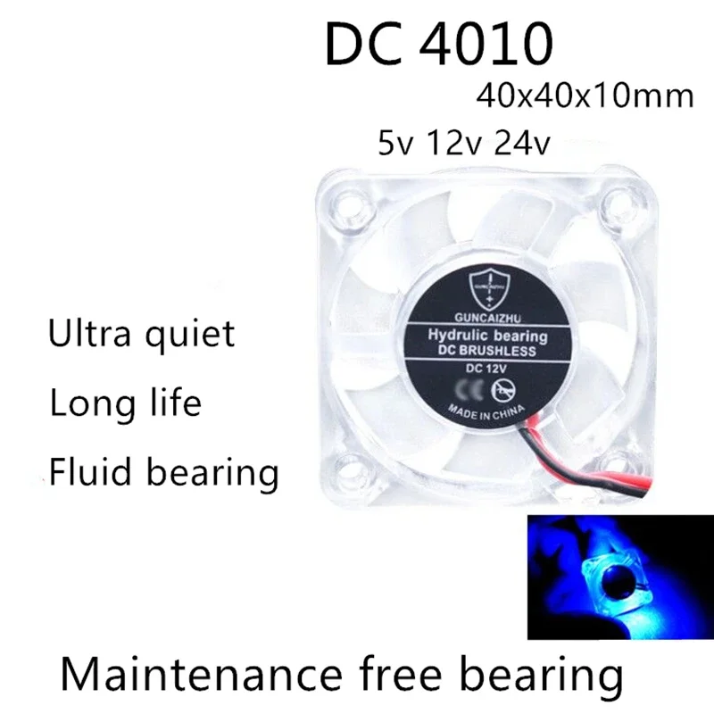 pa DC 4010 40x40x10MM Transparent LED Light Emitting Hydraulic 5V 12V 24V  5000RPM 0.05A Mobile Phone Radiator Cooling Fan 2PIN