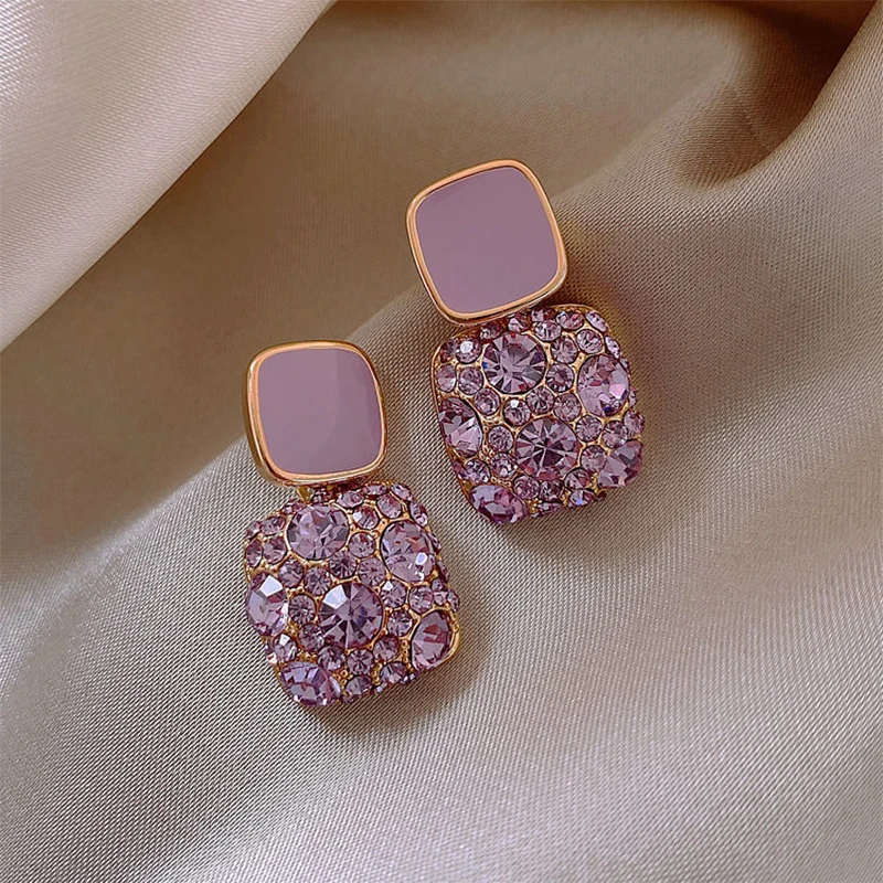 New Vintage Purple Shiny Crystal Geometric Drop Earrings For Women Minimalist Sweet Lovely Fine Dainty Jewelry Accessories
