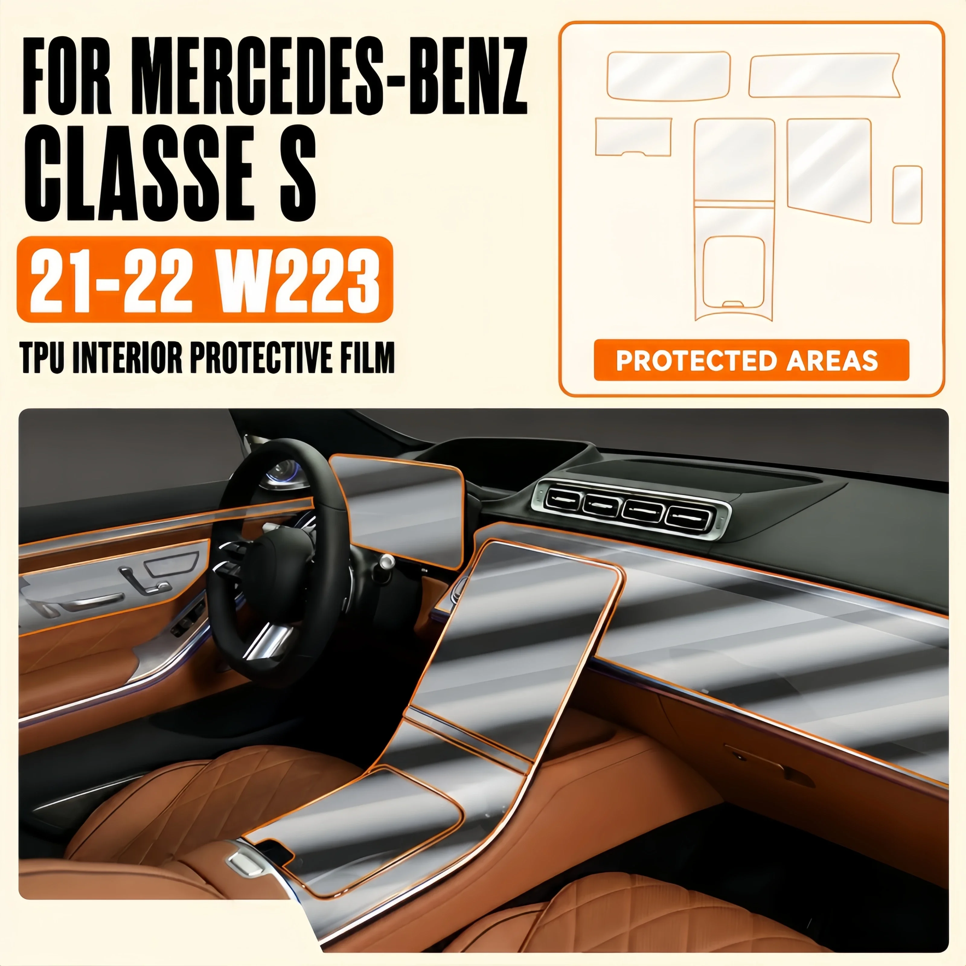 For Mercedes-Benz S-Class W223 2021-2022 Automotive Center Console Transparent TPU Interior Trim Protective Anti-scratch Film