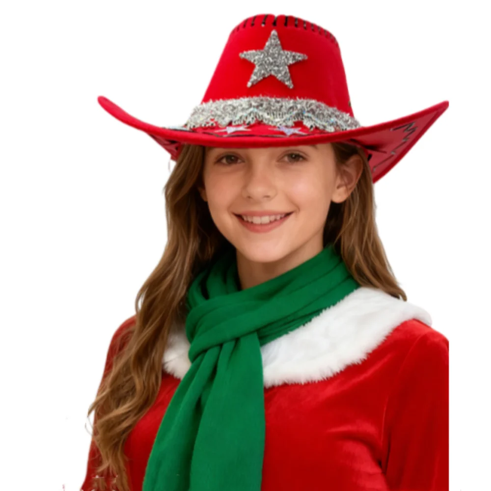 Christmas Cowboy Hat Red Suede Sparkling Christmas Cowgirl Hats for Men Women Carnival Christmas Party Cosplay Costume