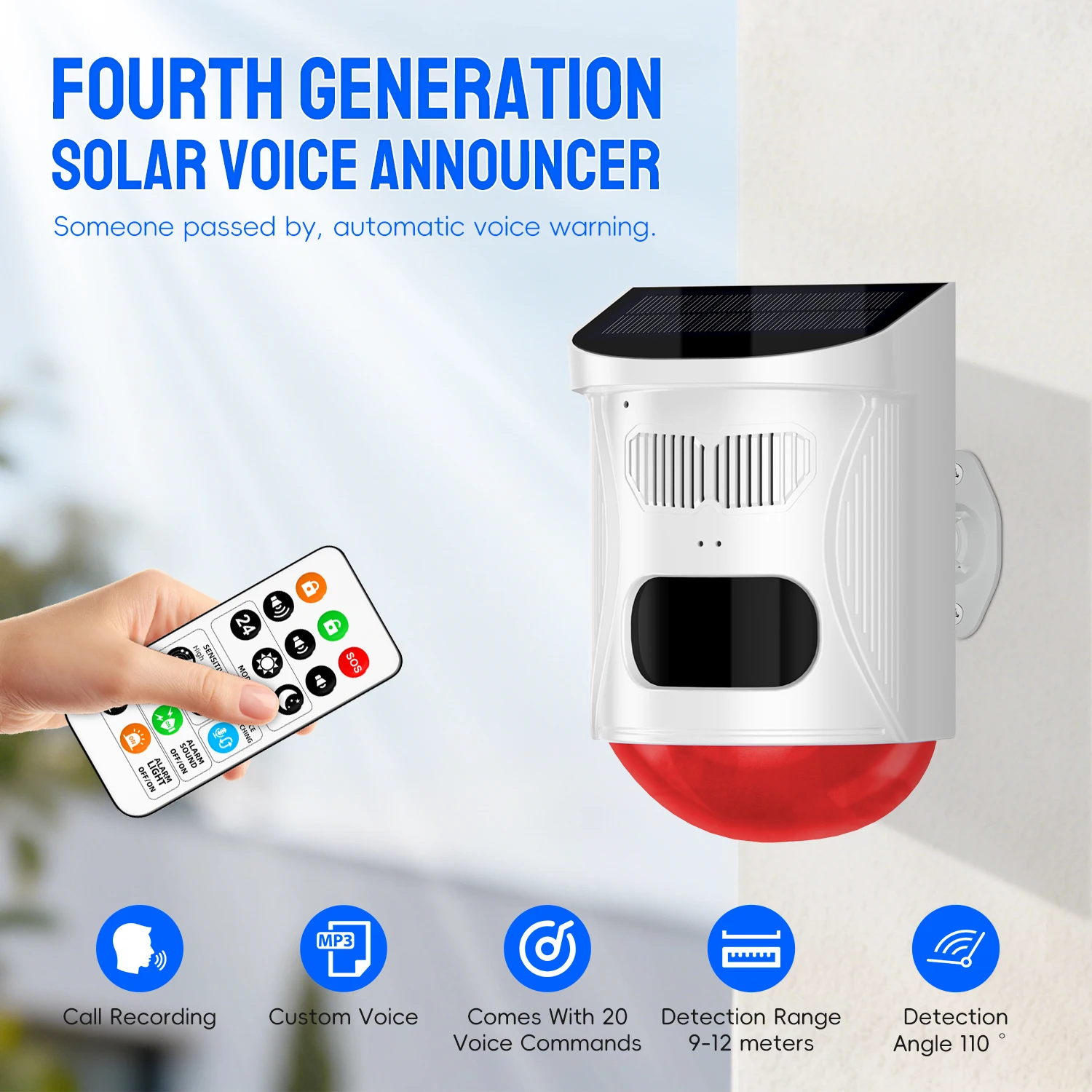 Solar Motion Sensor Alarm With Custom Voice Upload - 120db Loud Noise Maker & Strobe Lights, Remote Control, Call Recording