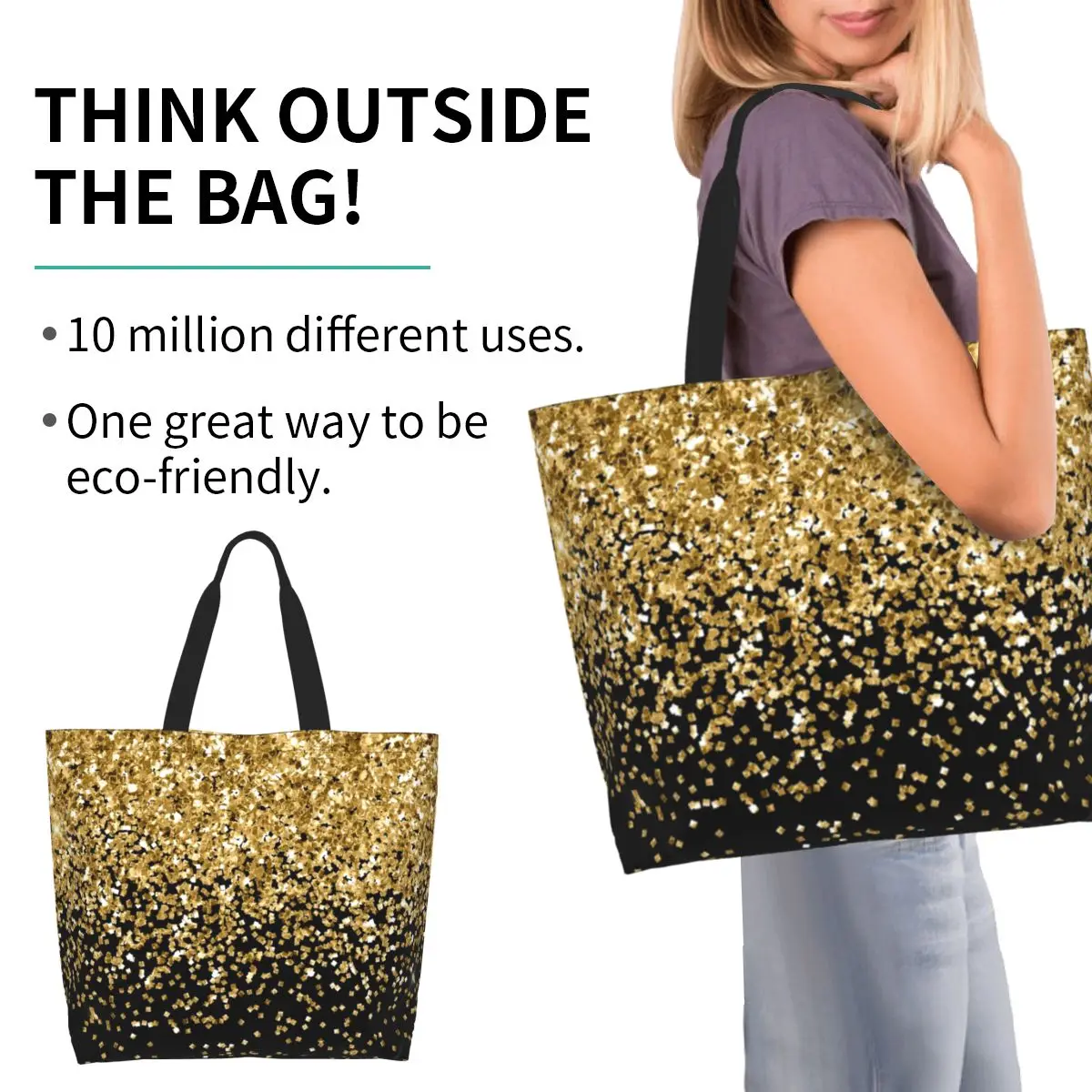 Gold Glitter Shopping Tote Bag Canvas Large Capacity Shoulder Bags Shopper Grocery Handbag for Women