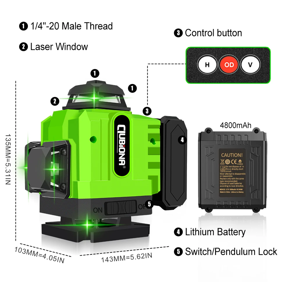 Clubiona 16/12 4800 mahs Green Lines Laser Level Self-leveling 360 Horizontal And Vertical Super Powerful Green Beam Laser Level