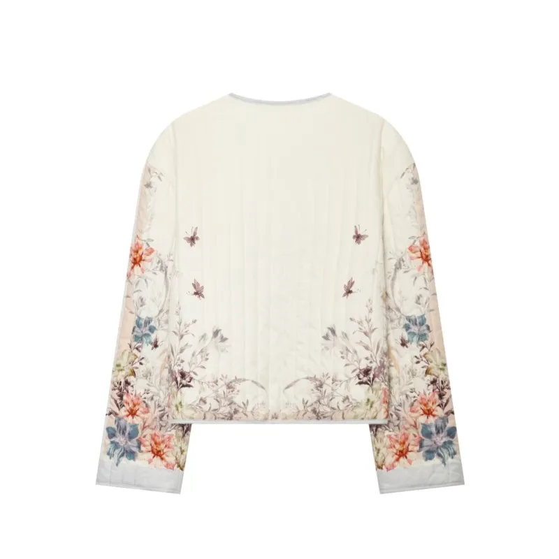 Women's Quilted Printing Jackets Coat  Autumn Round Neck Long Sleeve Coat Fashion Causal Female Outerwear Vintage Tops