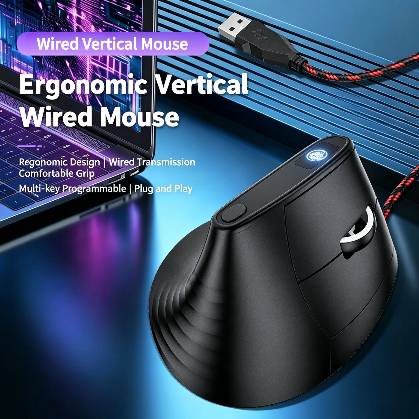 Wired Vertical Ergonomic Mouse 7200DPI 6 Buttons Programmable 4 Color Breathing Light Mice For Laptop Desktop Office Gaming Use