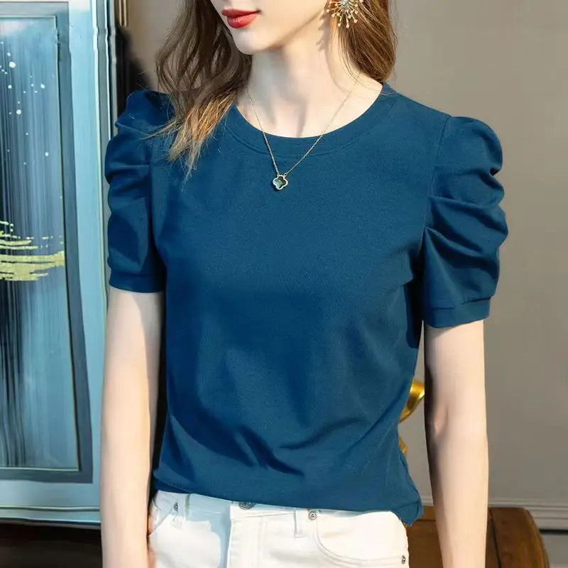 Elegant O-Neck Solid Color Puff Sleeve T-Shirts Women\'s Clothing 2024 Summer New Loose All-match Tops Office Lady Tee Shirt