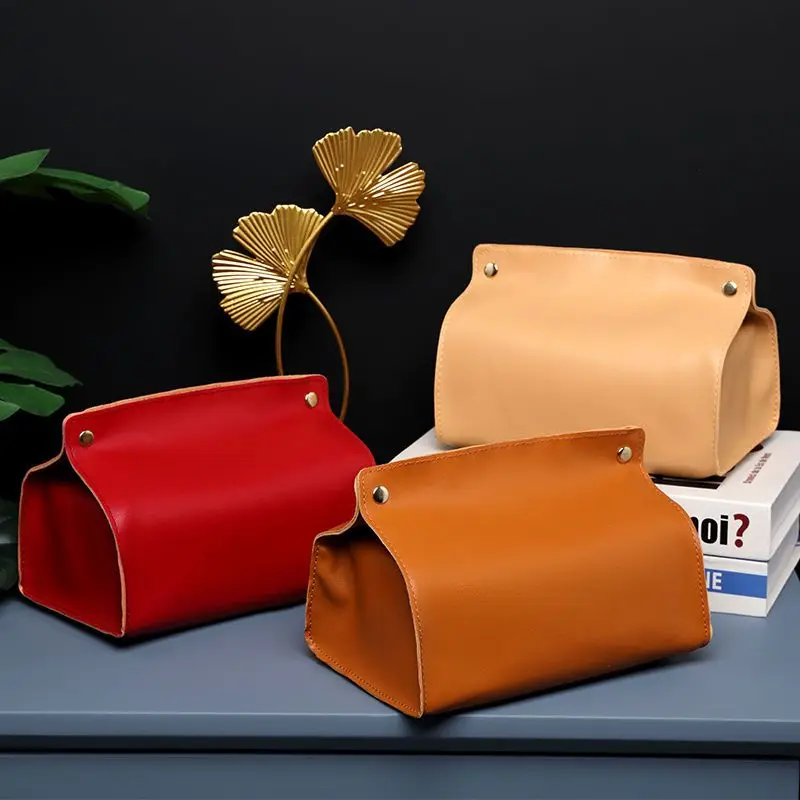 Creative Leather Tissue Box Home Solid Color Napkin Storage Bag Household Living Room Dining Room Desktop Decoration DrawerLE826