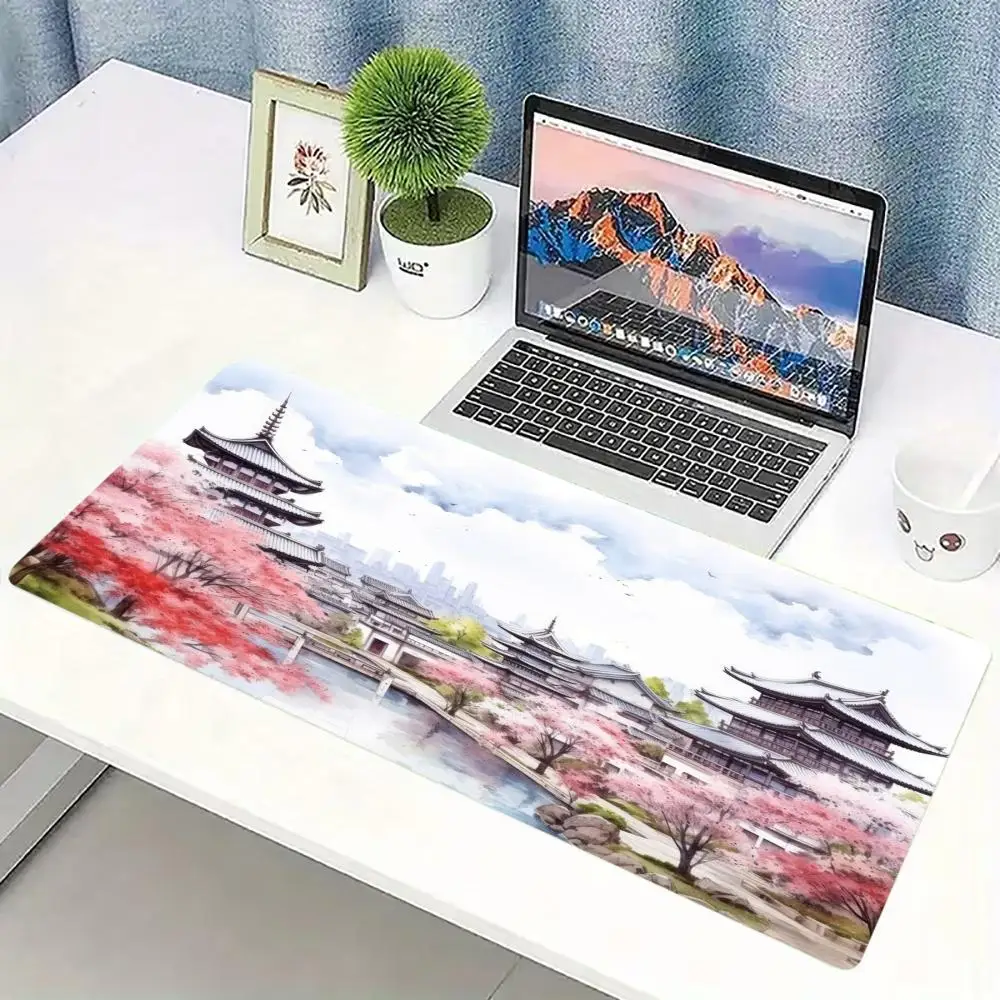Chinese Ink Sakura Ancient Pavilion Gaming Mouse Pad Non Slip Stitched Desk Mat Smooth Oriental Style Desktop Desk Gadgets