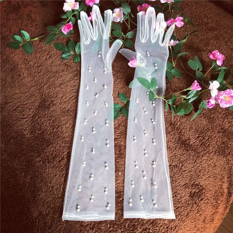 Guantes de novia de malla con cuentas de perlas, accesorios de boda blancos, cubierta de brazo, guante de encaje para novia elegante