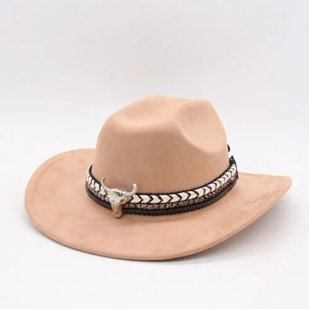 Outdoor Unisex Cowboy Hat Sun Protection Sun Hats Western Cowgirl Hat with Bull Head Band Decor Faux Suede Roll-up Fedora Hat