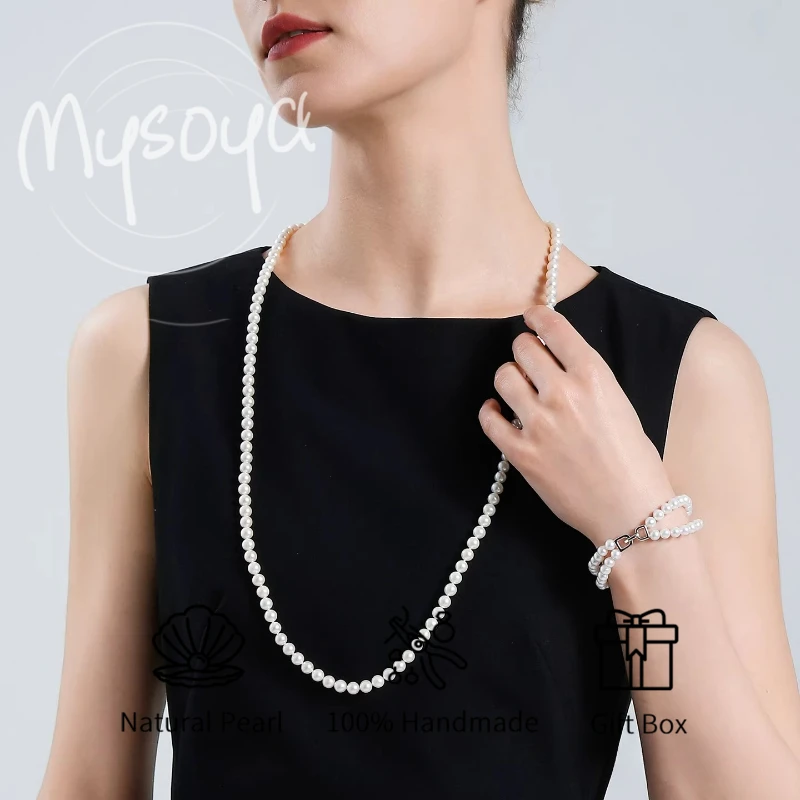 

MYSOYA Длинное ожерелье из белого пресноводного жемчуга 6-7 мм с подарочной коробкой для нее/им, подходит для повседневного дня рождения, дня святого Валентина, свадьбы