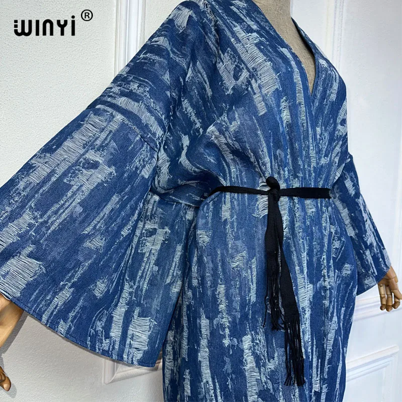 Winyi Kimono Maak Een Oud Denim Vest Vrouwen Lange Down Jas Maxi Jurk Elegant Feest Vakantie Zwemkleding