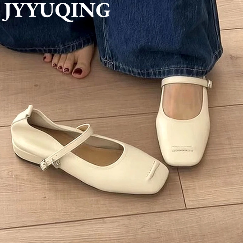 

Marie Janes Shoes for Women Flats Casual Loafers Summer Sandals Woman Shallow 2025 Soft Leather Square Toe Shoes Comfort Mujer