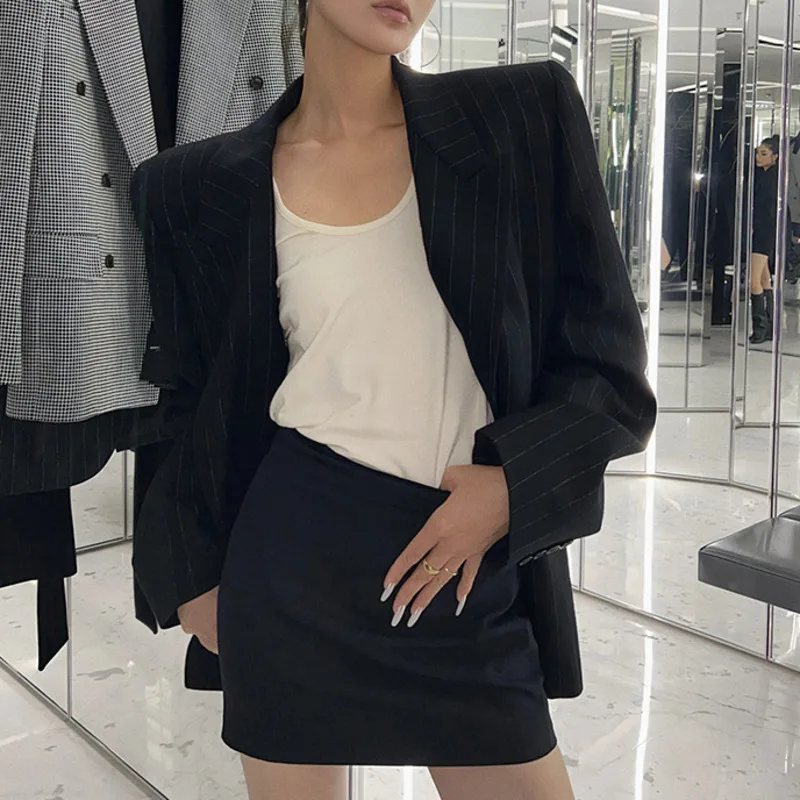 Eeonovni preto listrado moda feminina blazer casaco senhora do escritório duplo breasted solto jaqueta versátil 2025 novas roupas 1a1648