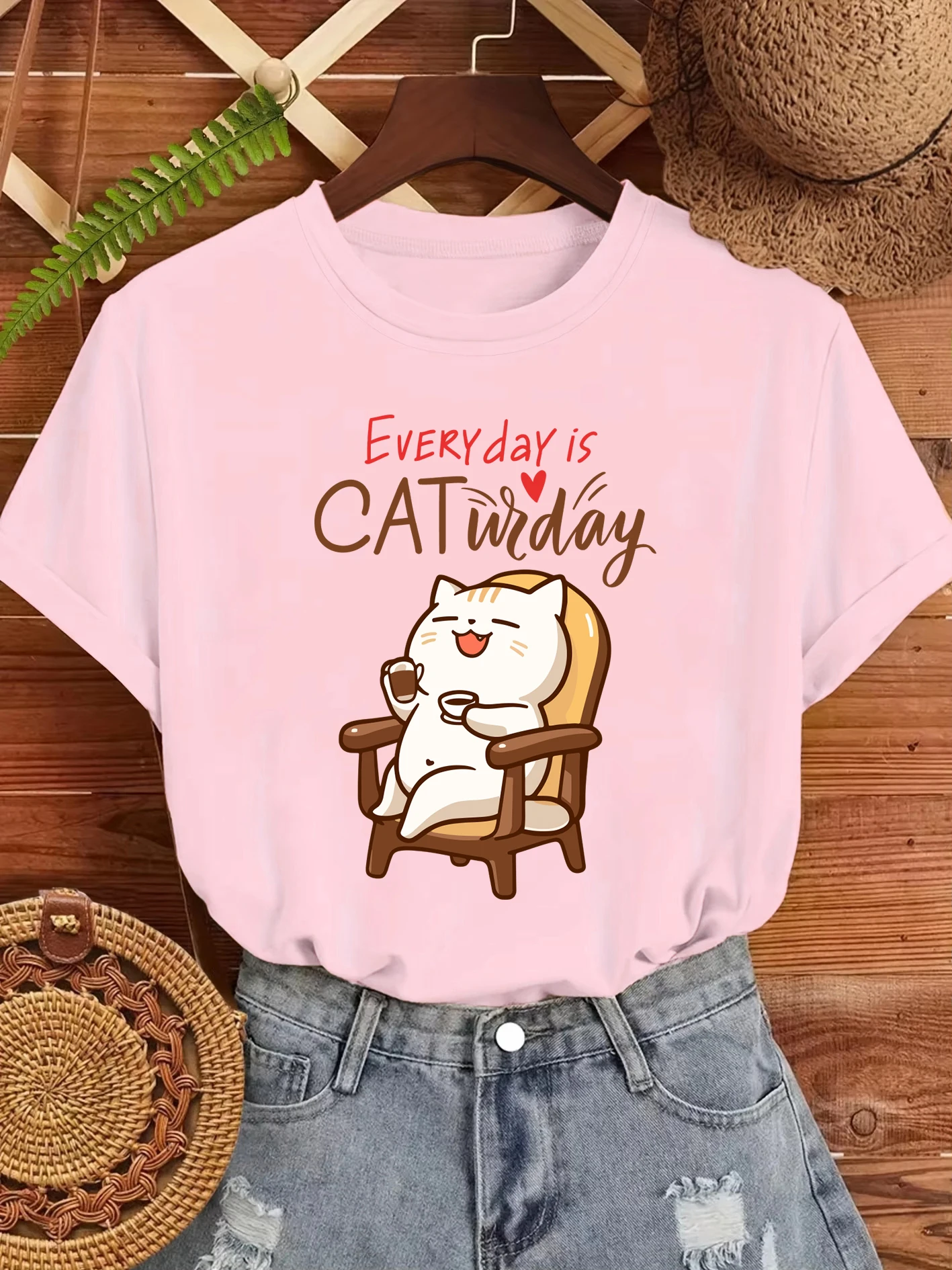 

Every Day Is Cat Widay Coffee Happy Cats Print T Shirts Women Cotton T-Shirt Soft Summer Short Sleeve O-Neck Loose Streetwear