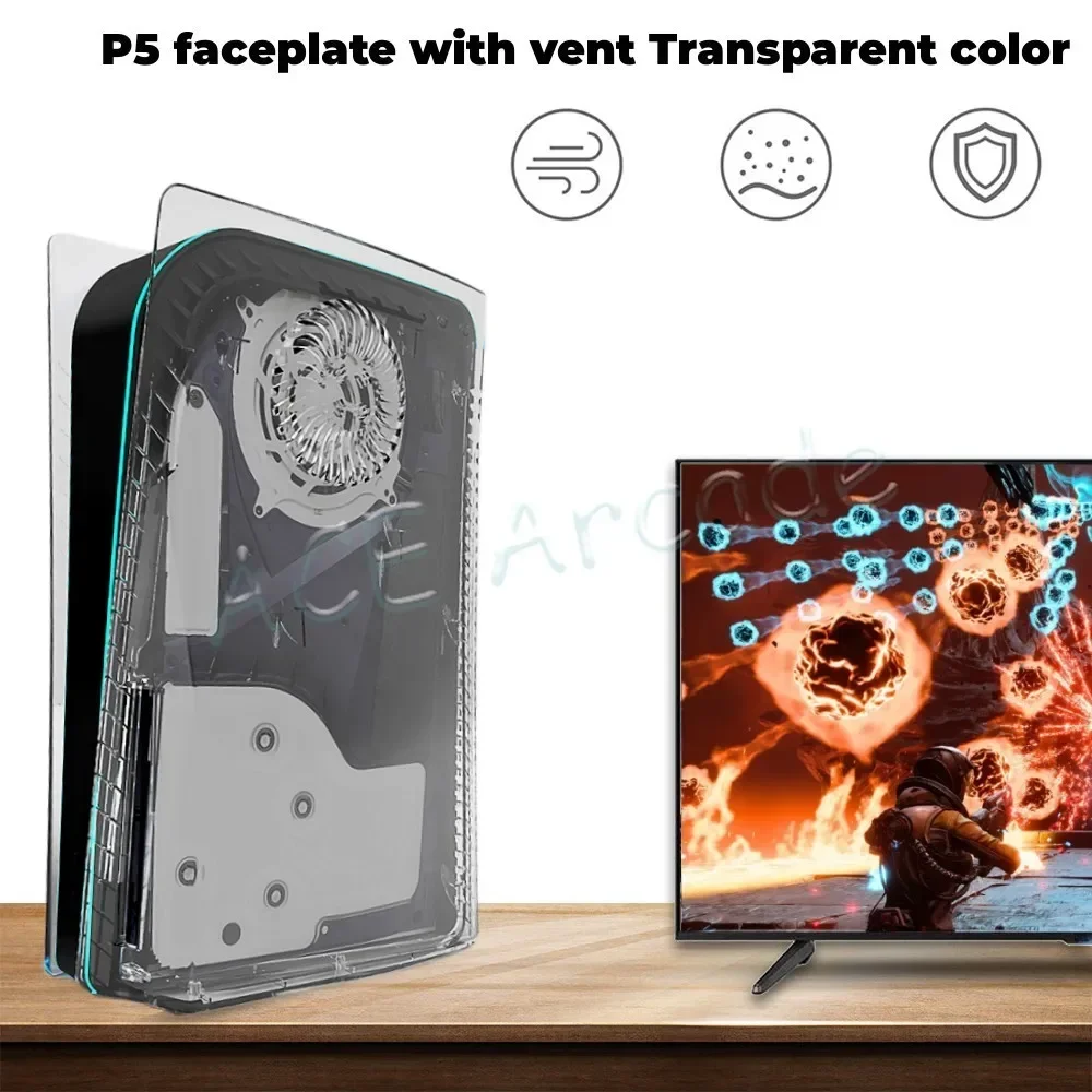 PS5 Optical Drive Transparent Game Console Shell Replacement Cooling Ventilation Hard Plastic Box Cover, with LED Light Strip