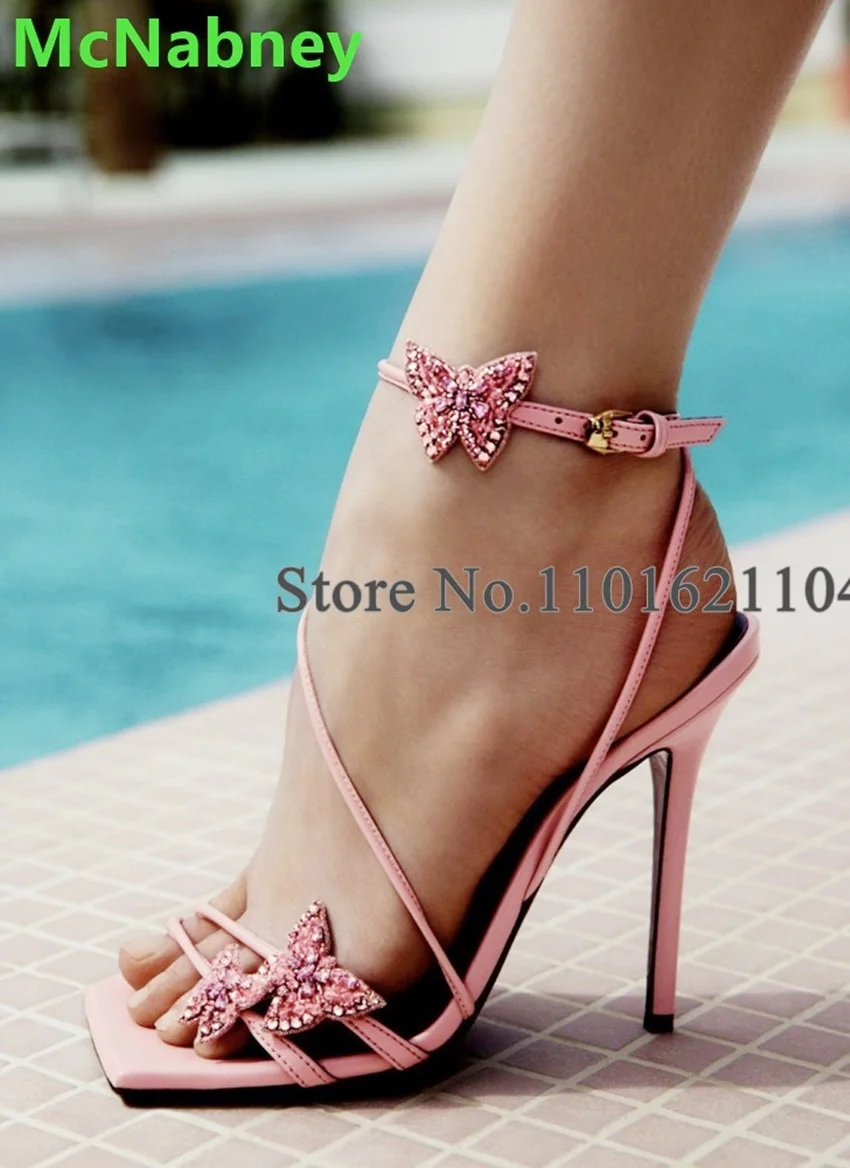 Square Toe Butterfly-knot Luxury Sandals For Female Women 2024 New Narrow Band Thin High Heel Fashion Elegant Summer Party Shoes