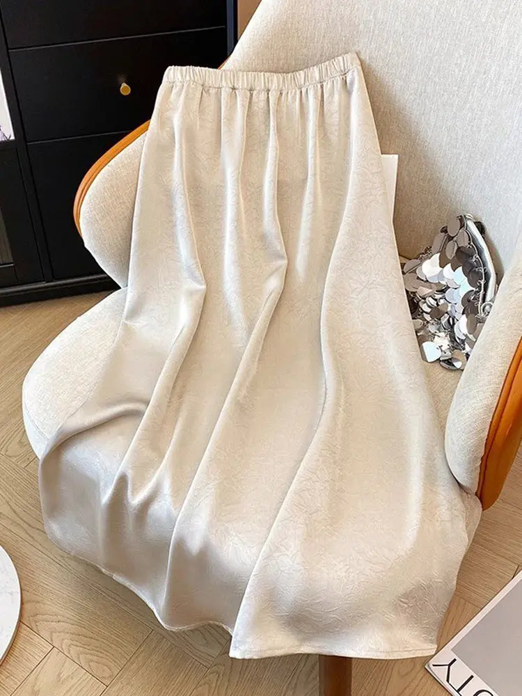 

Summer 2026 plus Size Elastic Waist Maternity Skirt Mid-Length Acetate Satin Embroidery A-Line Skirt Korean Style Office Wear