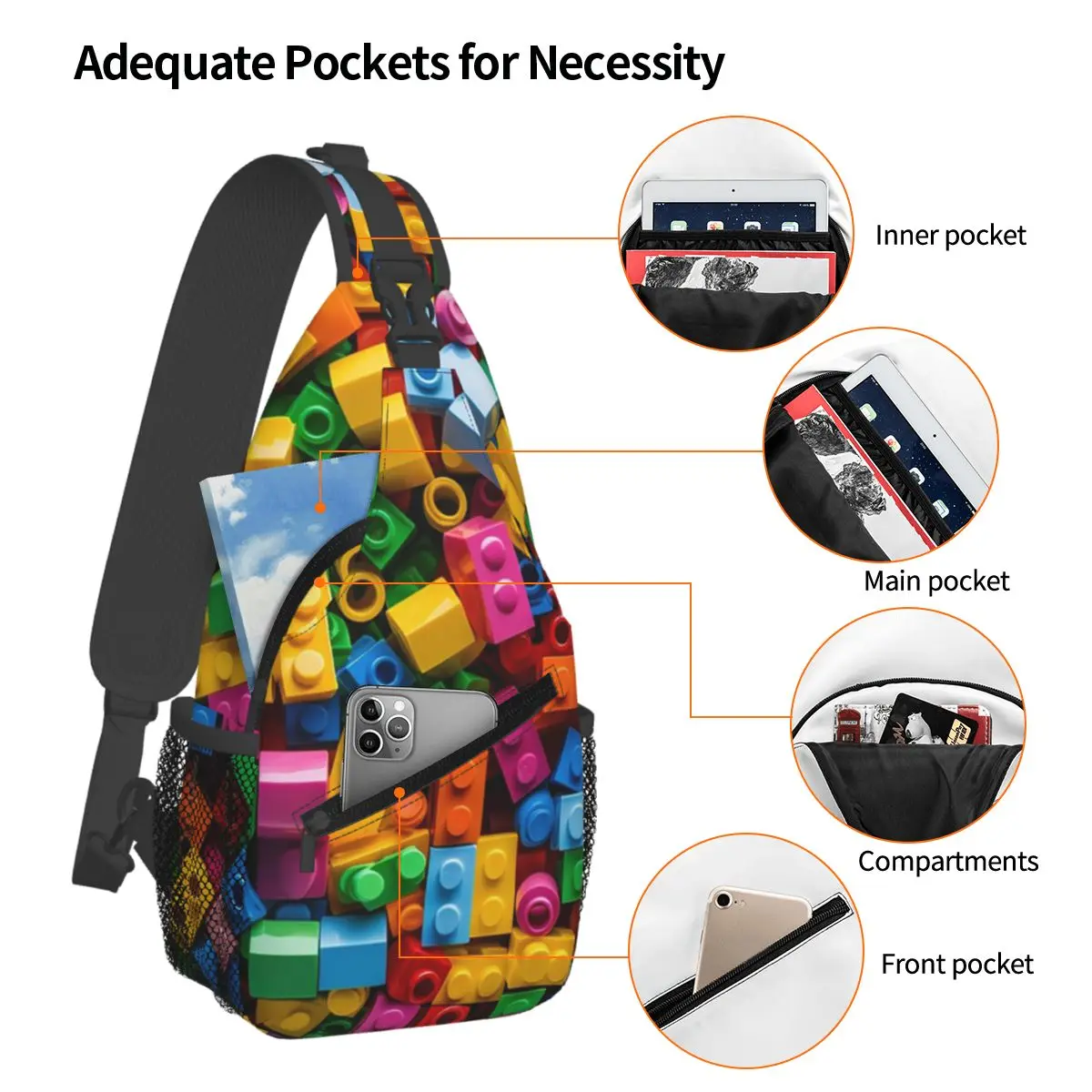 Lego Texture Chest Bag Men Sling Crossbody Backpack Chest Bag Traveling Hiking Daypack Shoulder Bag