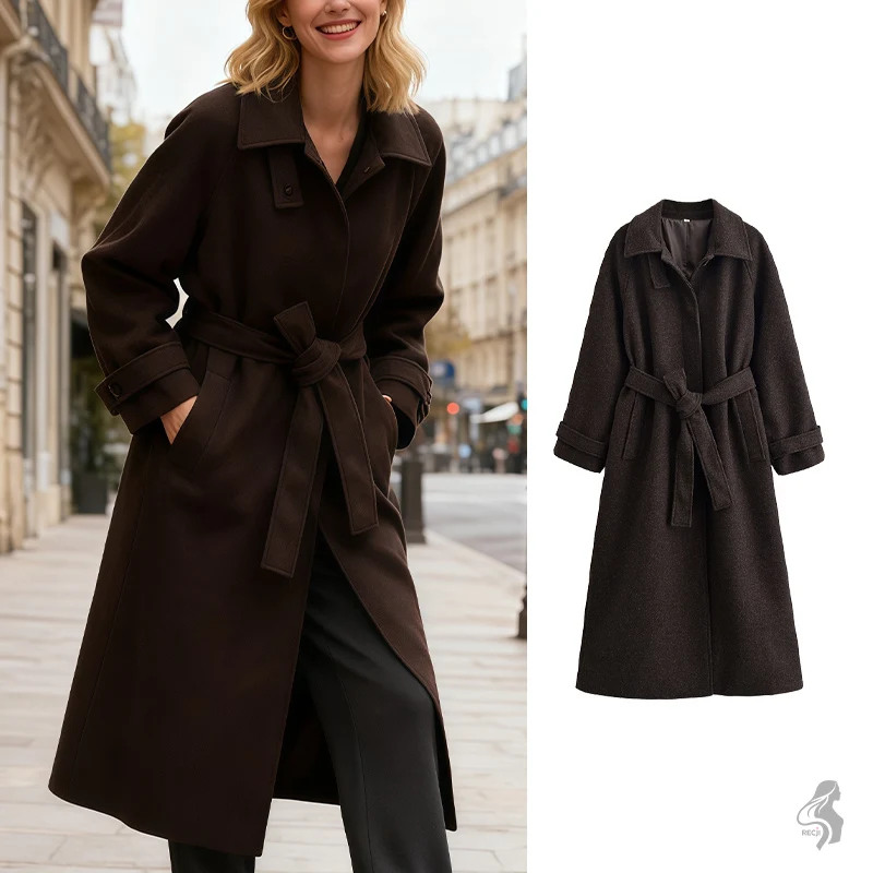 

Women's Long Wool Blend Coat with Belt Lapel Collar Trench Coat Winter Warm Outerwear