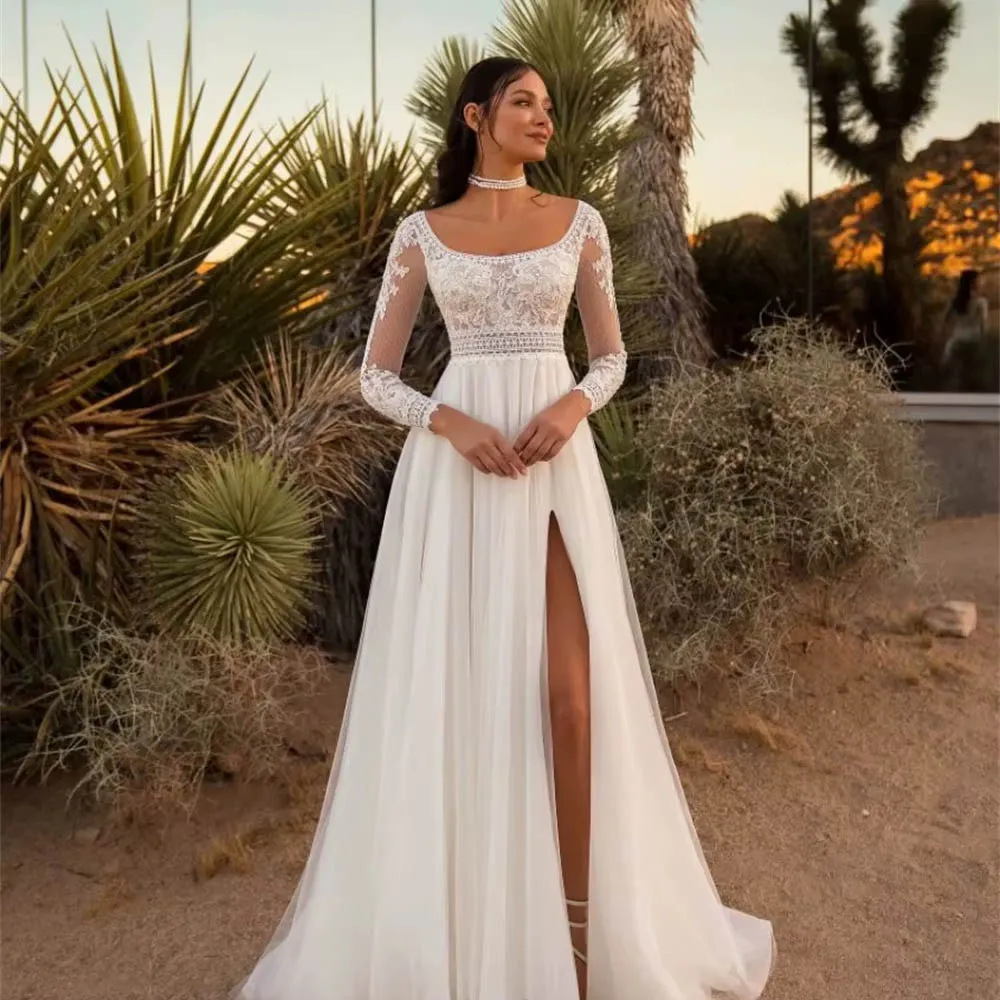 Customized Long Sleeves Lace Wedding Dress For Woman Bride  Tulle Skirt Highlighted Sparkling Beading Belt High Slit Bridal Gown